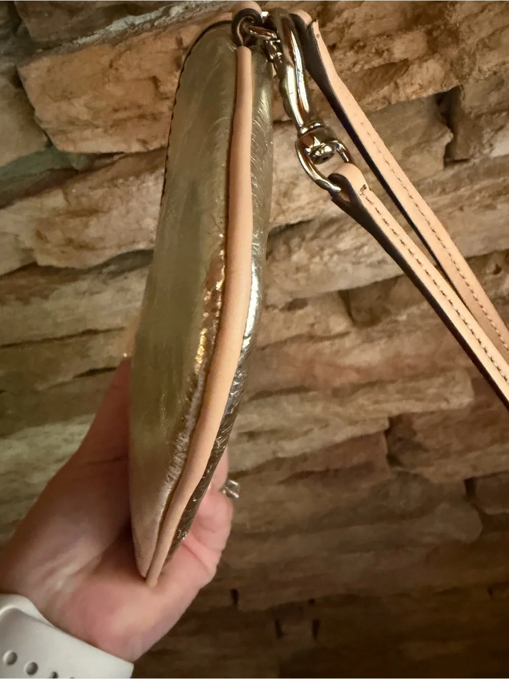 Coach Metallic Silver Wristlet Clutch Wallet Phone Bag Nude Trim Detach Strap